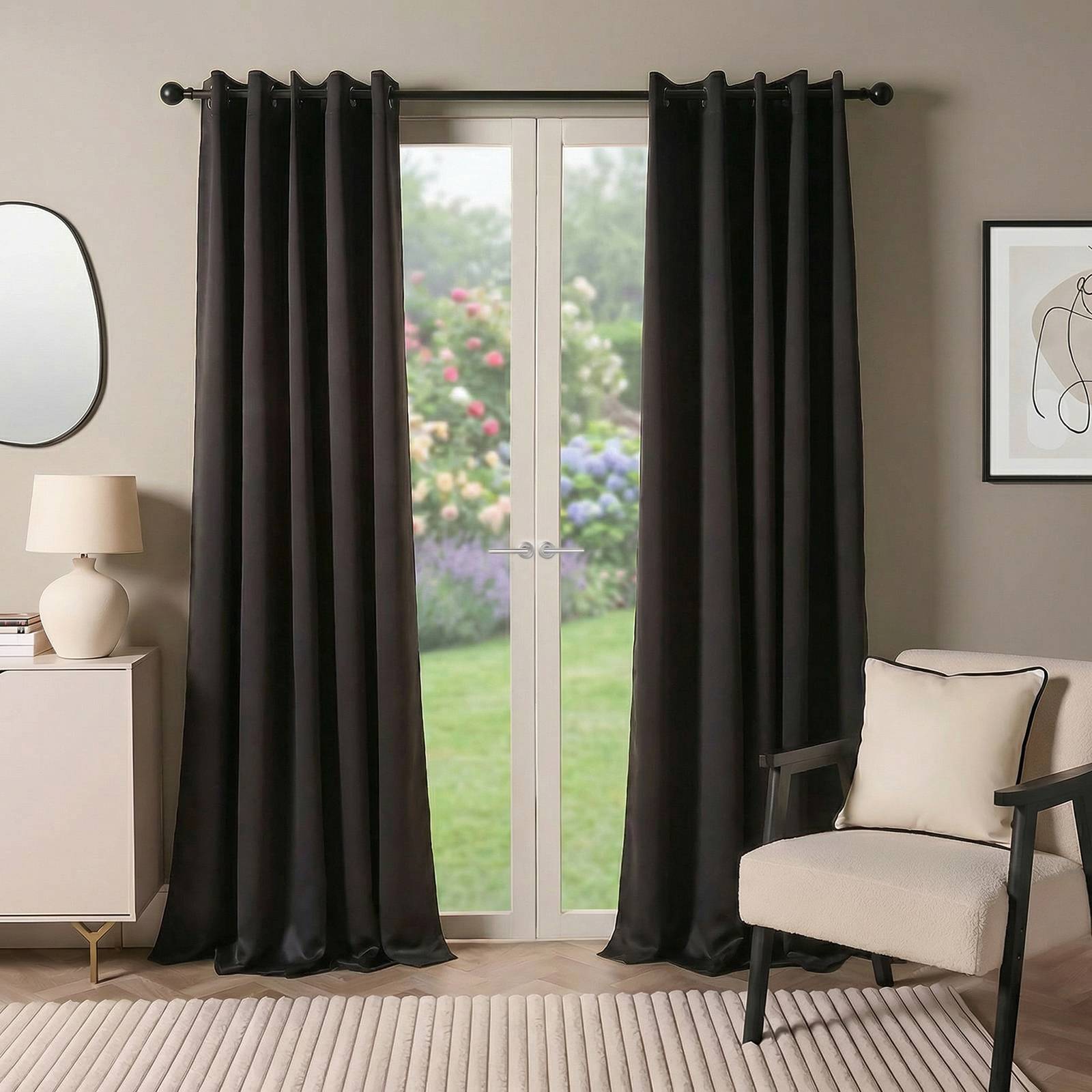 OHS Essentials Plain Eyelet Blackout Curtains 117 x 137cm - Black - Image 1