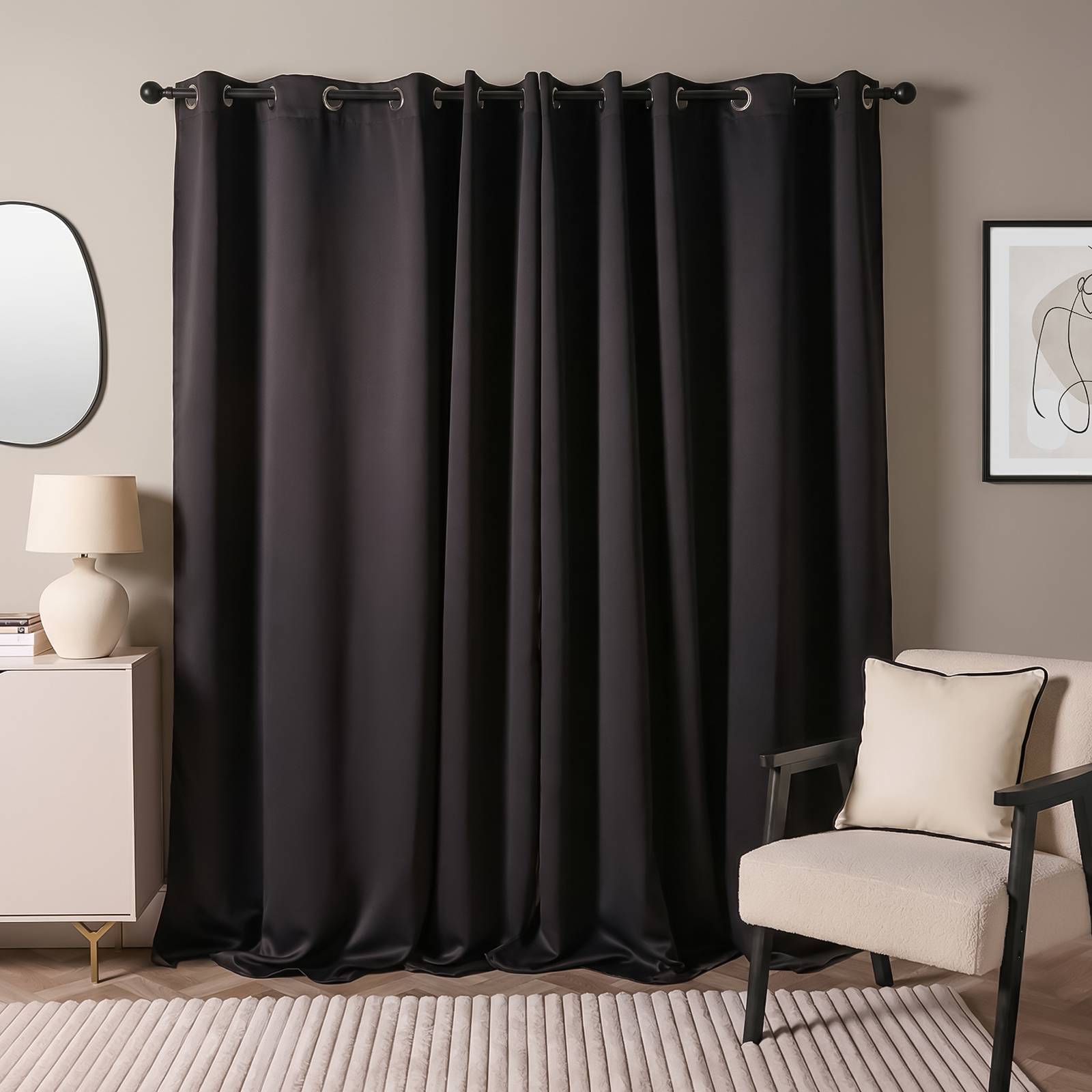 OHS Essentials Plain Eyelet Blackout Curtains 117 x 137cm - Black - Image 2