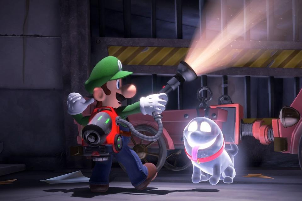Video game character Luigi looks for ghosts with his ghost-dog companion.