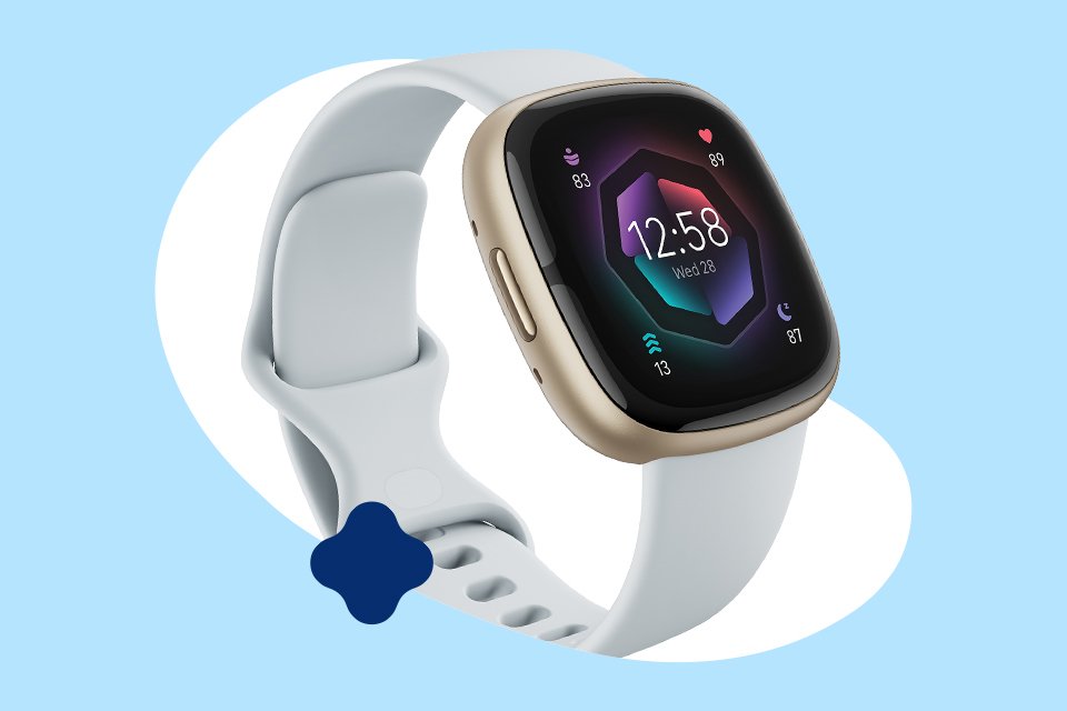 Fitbit Sense 2 with blue strap.