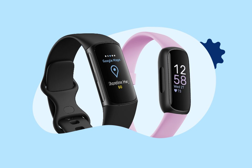 Two Fitbit trackers, in black and lilac strap.