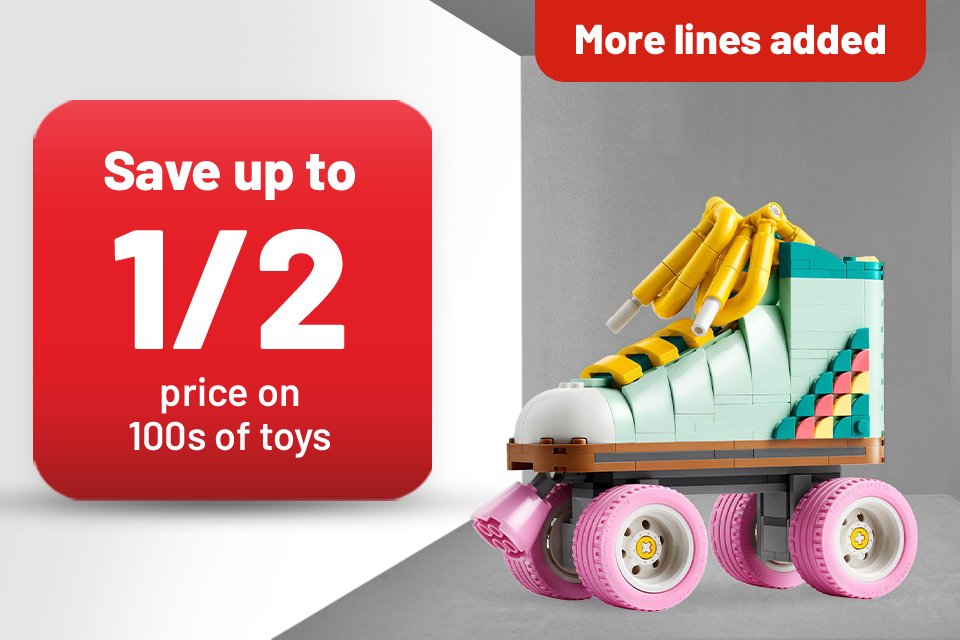 Save up to 1/2 price on 100s of toys. more lines added. Including outdoor toys, playsets & more.