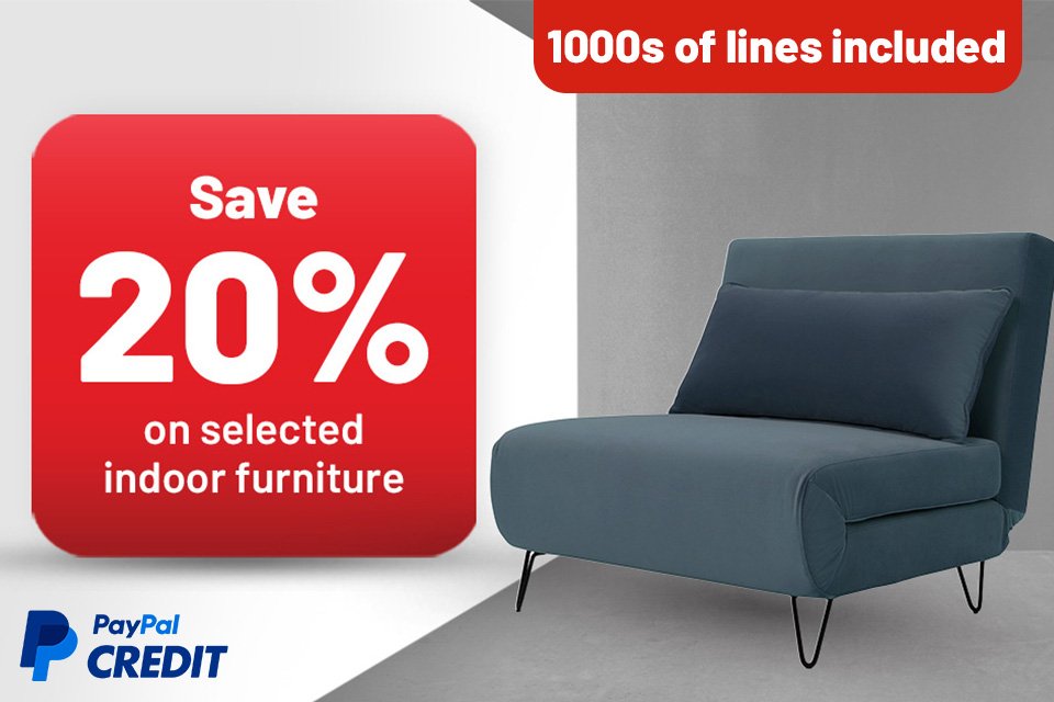 Save 20% on selected indoor furniture. Use code FURN20. 1000s of lines included. Paypal credit available. 0% interest and other finance options available on selected items.