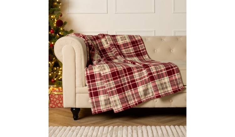 OHS Traditional Christmas Check Print Blanket Throw 125 x 150cm - Red