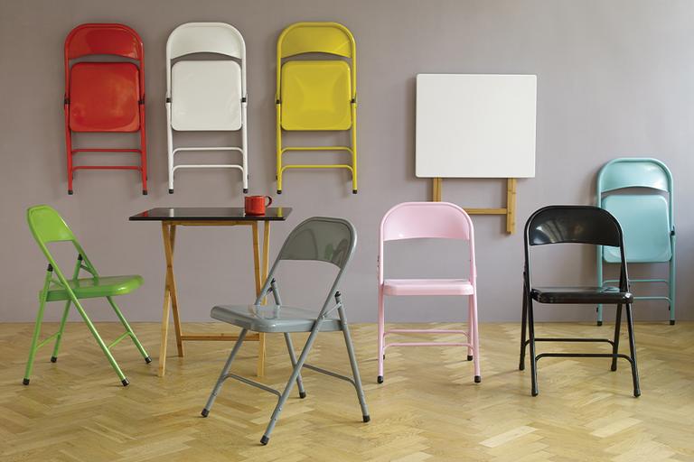 Image of folding chairs in a variety of colours.