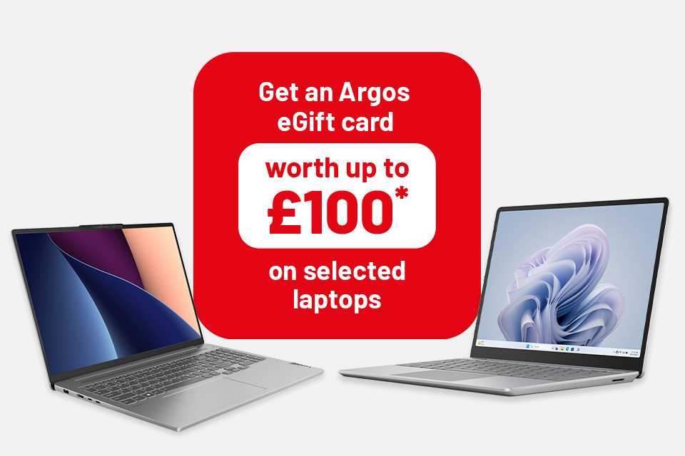 Claim up to a £100 Argos e-Gift Card with selected Laptop purchases.