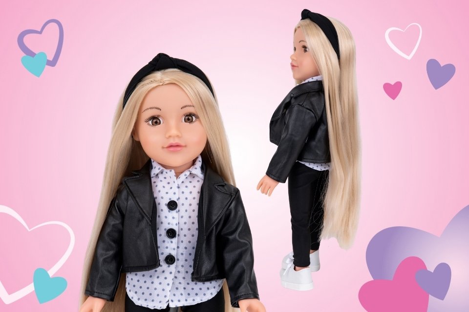 Close-up of 18" DesignAfriend Connie doll showcasing her detailed facial features, with a side view highlighting her long, silky blonde hair.