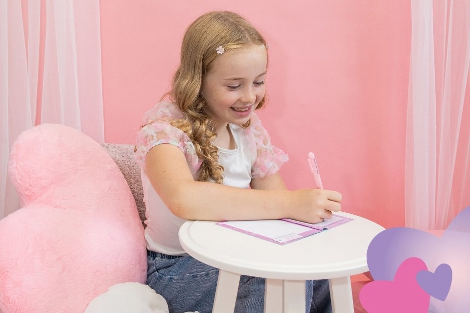 Young girl sat in a comfy bedroom, writing in her DesignAfriend BFF journal. 