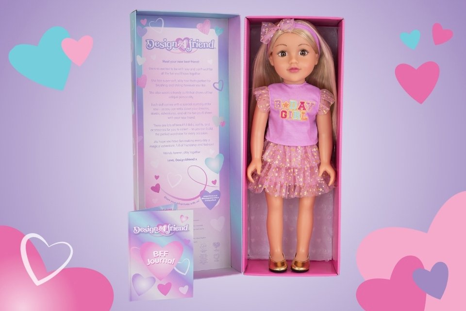 Packaging shot of 18" DesignAfriend doll, showcasing the beautiful gift packaging.