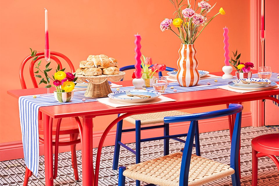 A dining table set up for Easter feast.