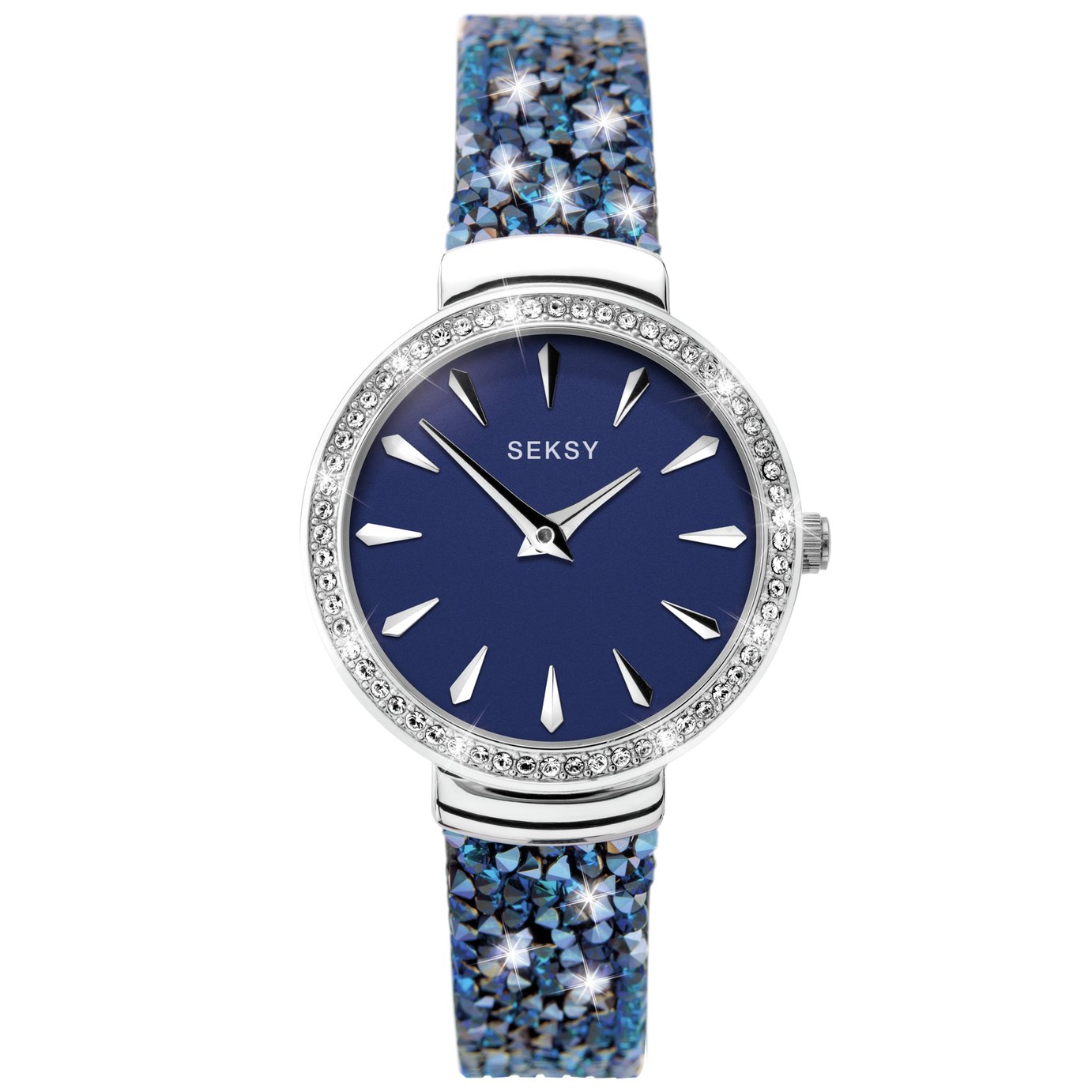 Seksy Ladies Black Leather Strap Watch with Blue Crystals (3932292