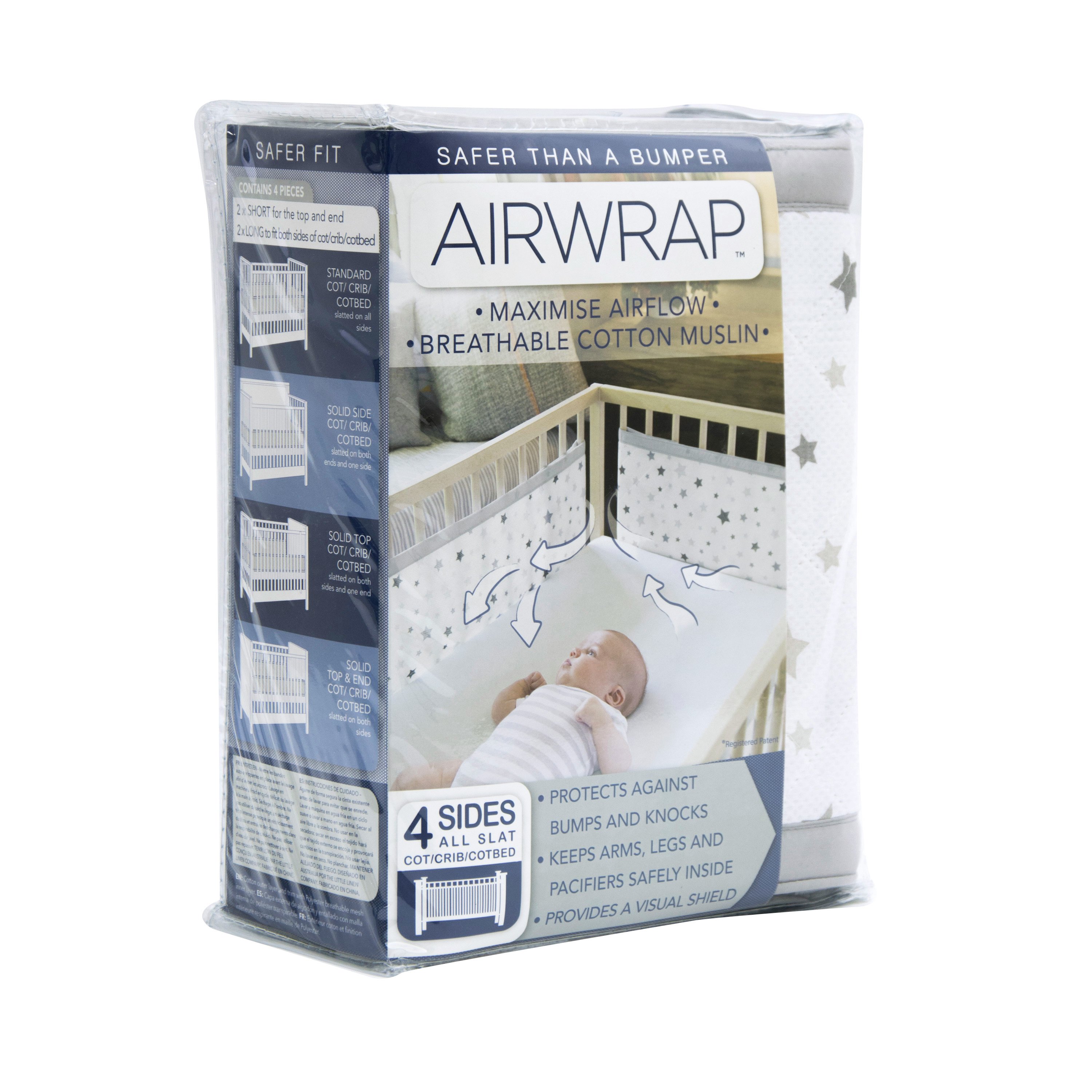 Airwrap Printed 4 Sided Cot Bumper - Silver Stars