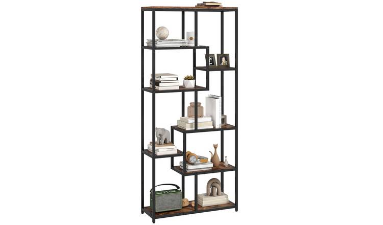 HOMCOM 7 Tier Industrial Storage Bookcase Book Shelf - Rustic Brown and Black
