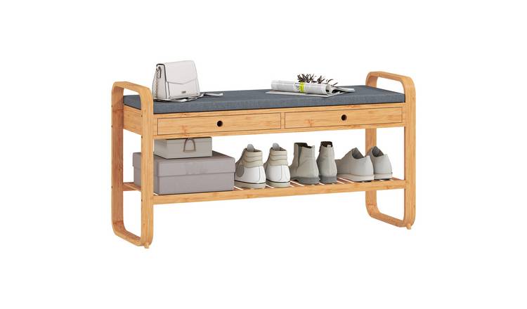 HOMCOM Shoe Bench with 2 Drawers and Bamboo Frame - Natural wood finish