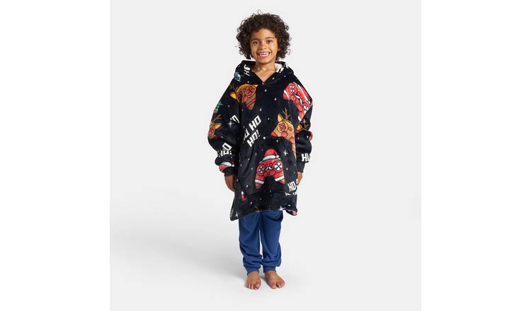 OHS Kids Xmas Gaming Print Hoodie Blanket - One Size - Black