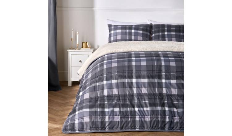OHS Tartan Check Sherpa 10.5 Tog Coverless Duvet Set Grey - King