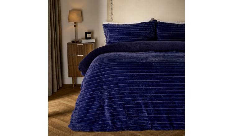 OHS Ribbed Duvet Cover Faux Fur Winter Warm Bedding Set Navy - King