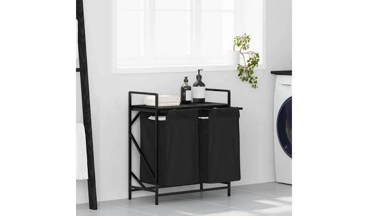 Walplus Steel Laundry Basket 2 Compartments with Shelf - Black - 67 x 33 x 77 cm