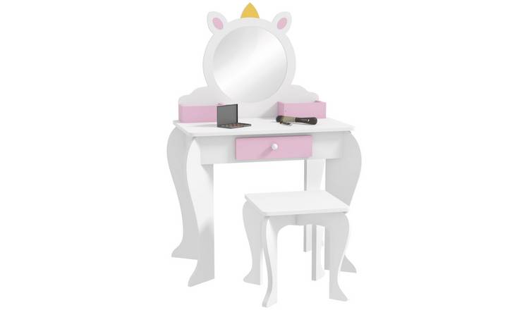 ZONEKIZ 2 Piece Mirror Drawer Boxes Unicorn Vanity Set - White and Pink