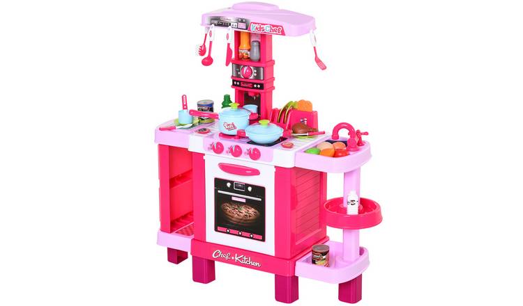 HOMCOM 38 Pcs Lights Sounds Food Utensils Pots Pans Kids Play Kitchen - Pink