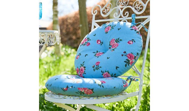 Dibor Set of 2 Blue Rose Round Outdoor Garden Chair Cushion Seat Pads - Blue