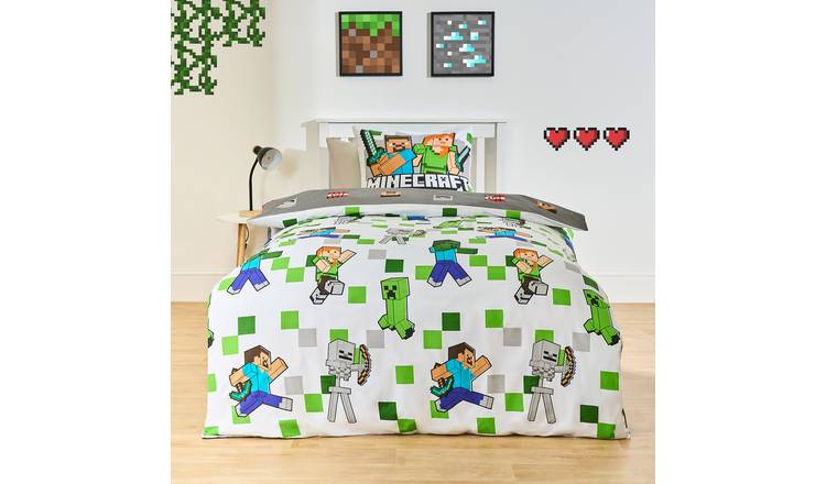 OHS Kids Minecraft Reversible Duvet Cover Set Bedding - Grey - Double