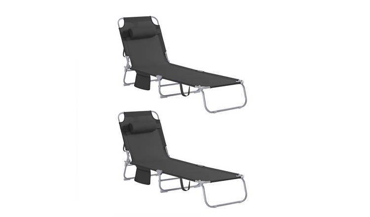 SoBuy Set Of 2 Cushion And Pocket Adjustable Sun Lounger - Black