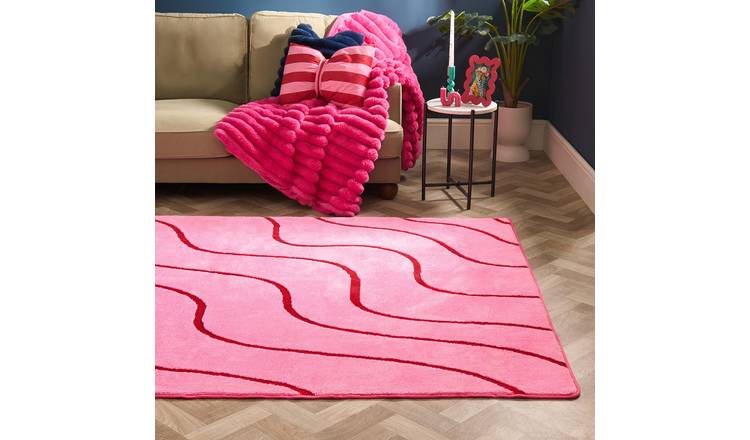 OHS Contrast Tufted Wave Rug - 80 x 150cm - Pink/Red