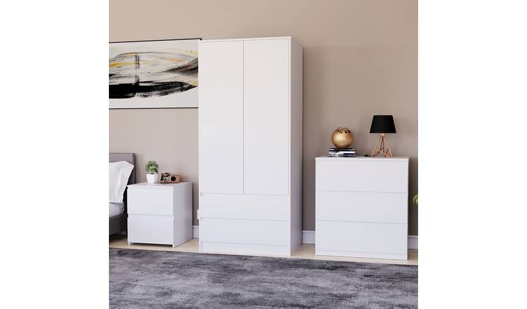 Vida Designs Denver Bedroom Set (Bedside, 3 Drawer Chest, 2x2 Wardrobe) - White