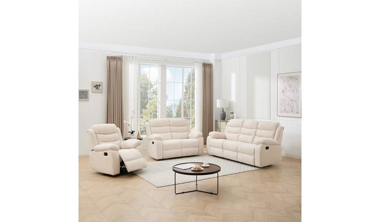 Furniture Online Boston Manual Recliner Fabric 1+2+3 Seater Sofa Set - Beige