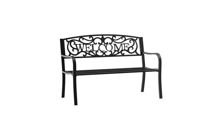 Outsunny 2 Seater Metal Garden Bench with Welcome Backrest - Black