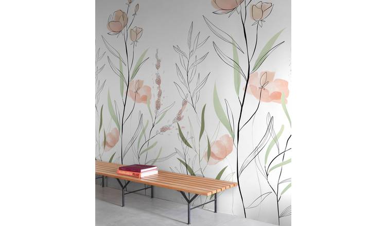 Grandeco Zinnia Floral Sketch 3 Lane Repeatable Wallpaper Mural   - Pink
