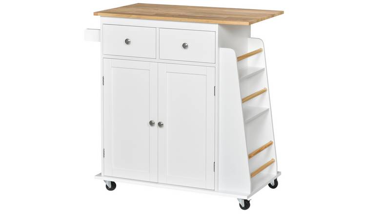 HOMCOM Kitchen Island on Wheels with Rubber Wood Top - White