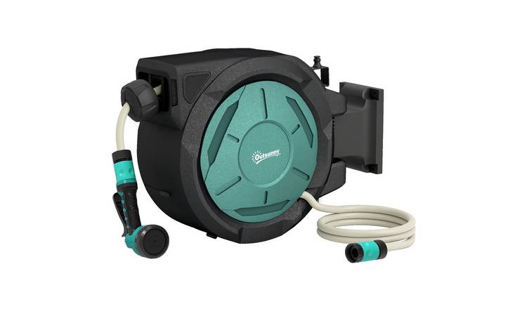Outsunny Retractable Hose Reel Wall Mounted with Lock and Auto Rewind - Black
