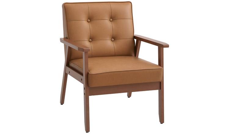 HOMCOM PU Leather Accent Chair with Rubber Wood Frame for Living Room - Brown