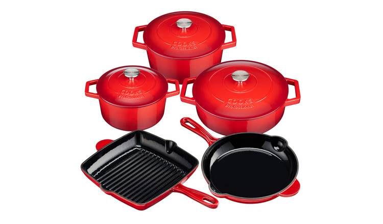 Cooks Professional 5pc Cast Iron Casserole, Frying Pan & Skillet Set - Red