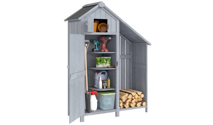 Outsunny Garden Outdoor Storage Shed with Firewood Rack - Grey and Black