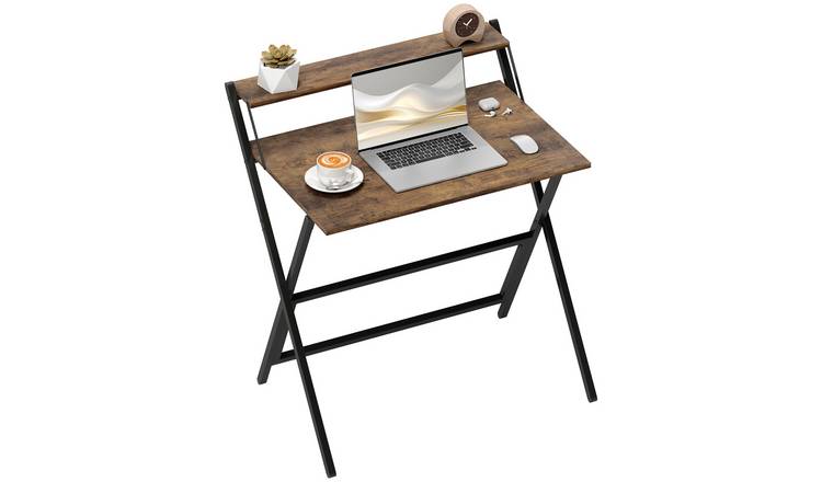 HOMCOM Mdf Folding Office Desk with Monitor Shelf - Rustic Brown