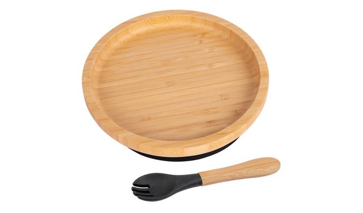 Tiny Dining Bamboo Round Baby Weaning Plate & Fork Set - Black