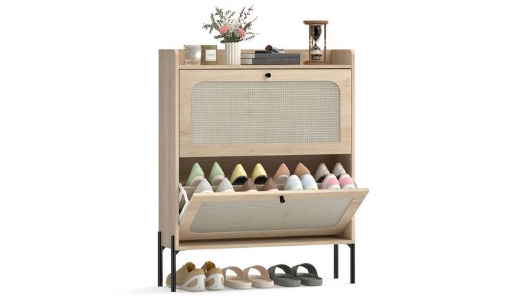 HOMCOM 2 Flip Drawers Shoe Cabinet with Rattan Door - Oak