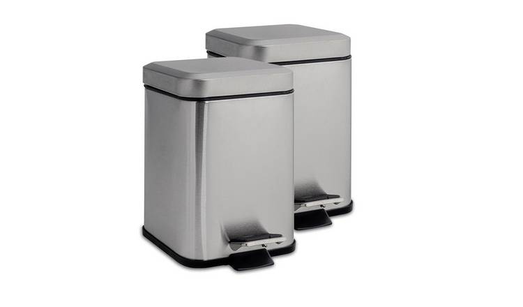 Harbour Housewares Set of 2 Square Bathroom Pedal Bins - 3L - Brushed Metal
