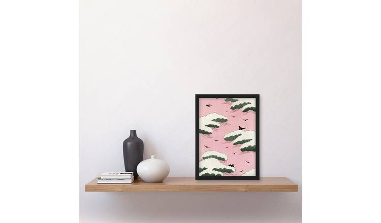 Shin Bijutsukai Pink Sky With Clouds And Birds Framed Art Print - A4