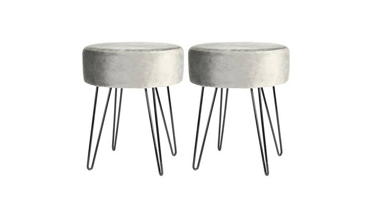 Harbour Housewares Round Velvet Footstools - Grey/Black - Pack of 2