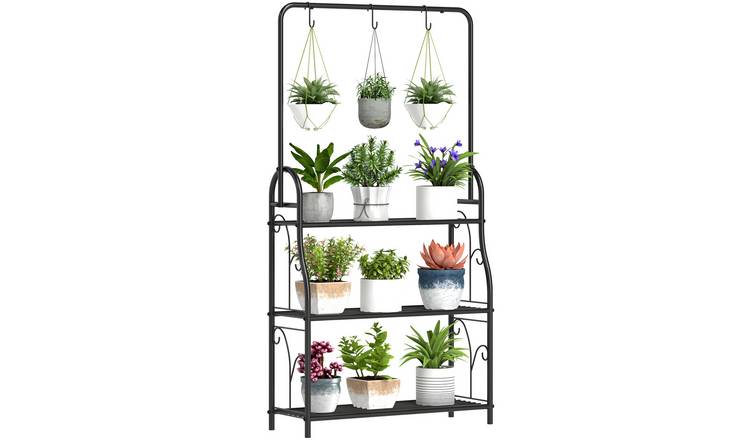 Outsunny 3 Tier Plant Stand with Hanging Rod and Hooks - Black