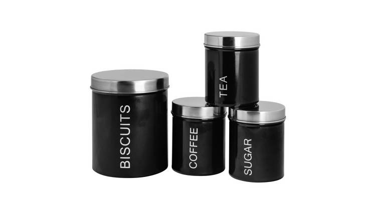 Harbour Housewares 4 Piece Round Metal Kitchen Canisters Set - Black