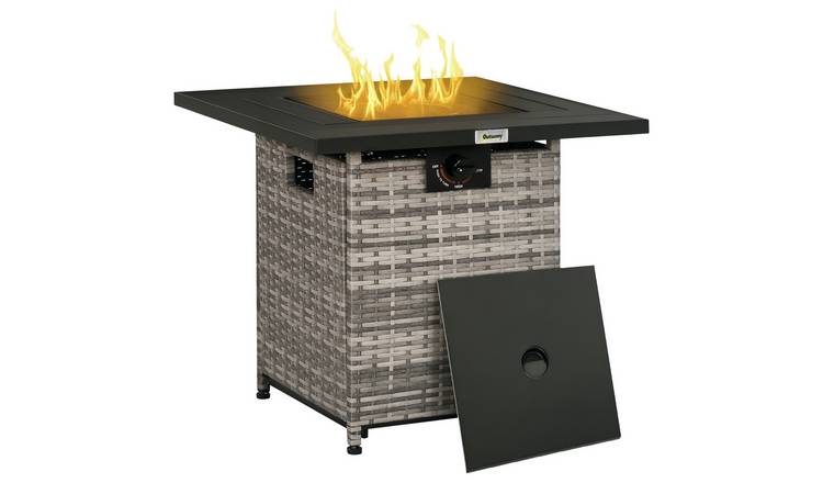 Outsunny PE Rattan Garden Fire Pit with Rain Cover - Grey