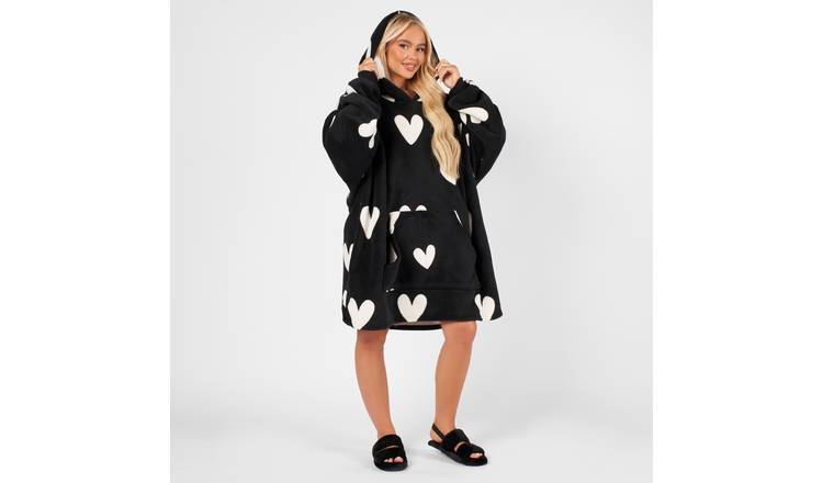 OHS Heart Print Hoodie Blanket - One Size - Black
