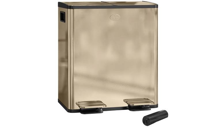 HOMCOM 40L Stainless Steel Dual Kitchen Bin with Rubbish Bags- Gold