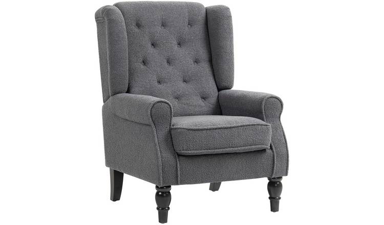 HOMCOM Wooden Button Tufted Teddy Armchair for Living Room - Charcoal Grey
