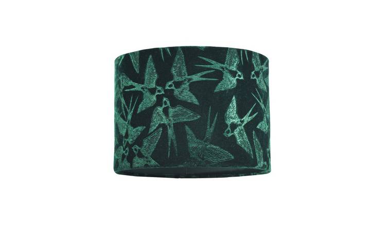 Happy Homewares Bird Decorated Dark Forest Green Velvet Fabric Lampshade - 25cm